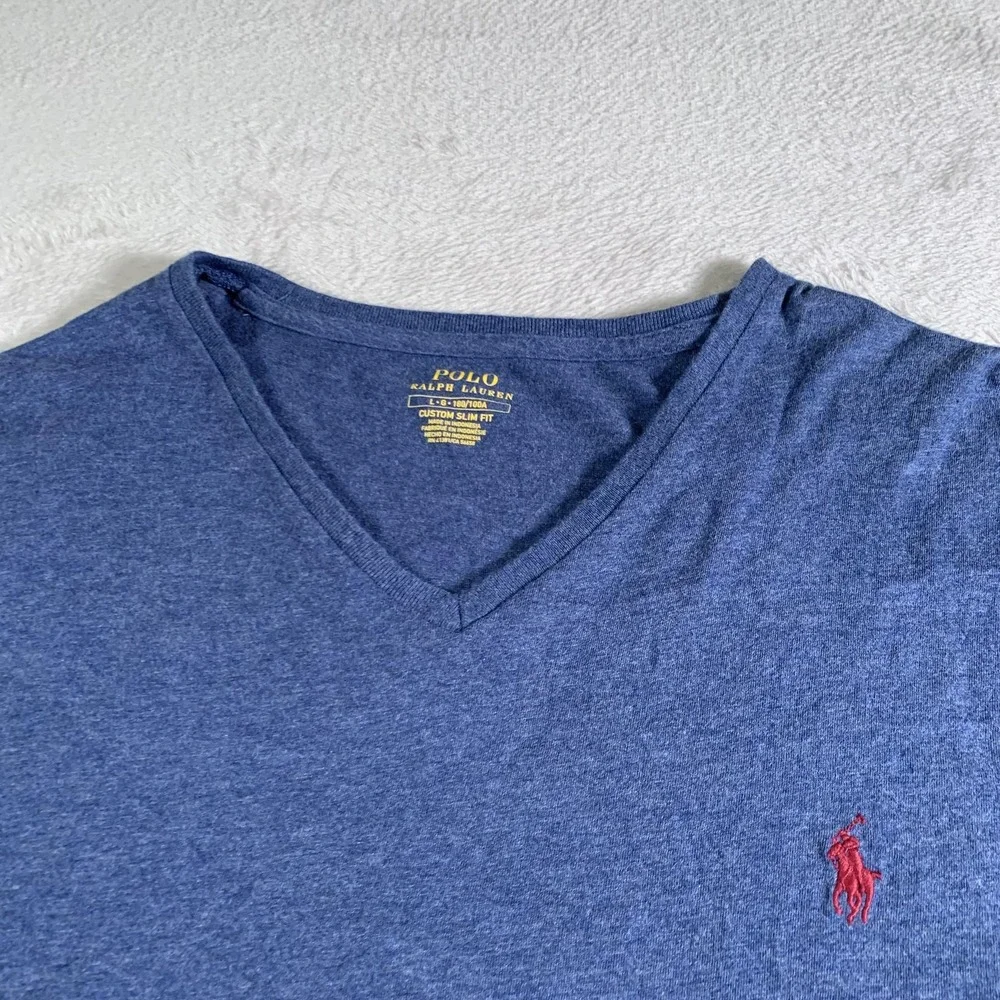 Polo Ralph Lauren Shirt Mens Large Blue V Neck Custom Slim Fit Pony Logo‎ Tee